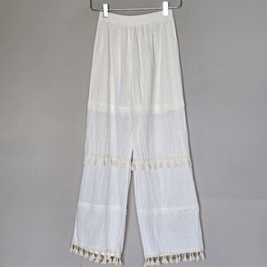 Boho Beachy Cottagecore Straight Leg Pull-On Tassel Lace Trim Pants in Cream
